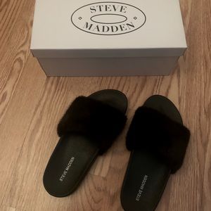 Women’s Black Steve Madden Fuzzy Slides